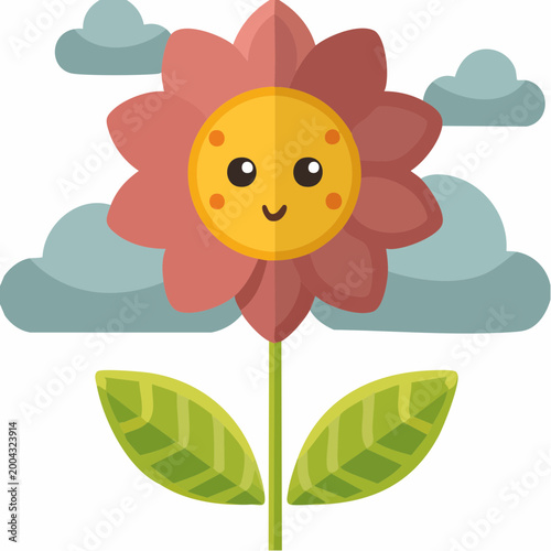 Cute Cartoon Flower with Happy Face and Clouds