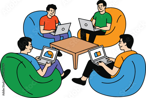 Discussion in Casual startup office lounge scene with beanbag chairs and laptops