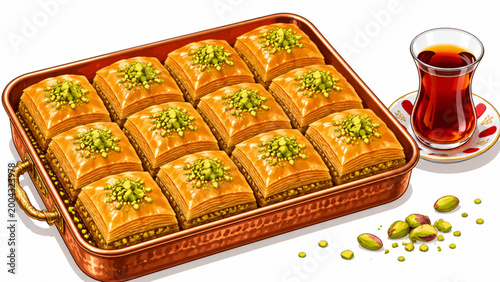 Turkish Baklava Tray Close-Up – Pistachio Honey Pastry with Tea Vector Illustration