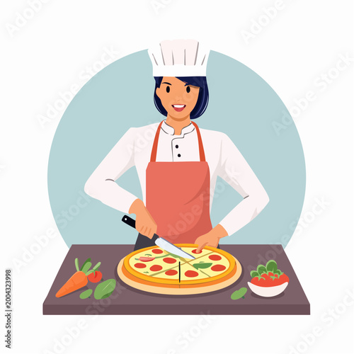 Chef Cutting Pizza with Fresh Ingredients