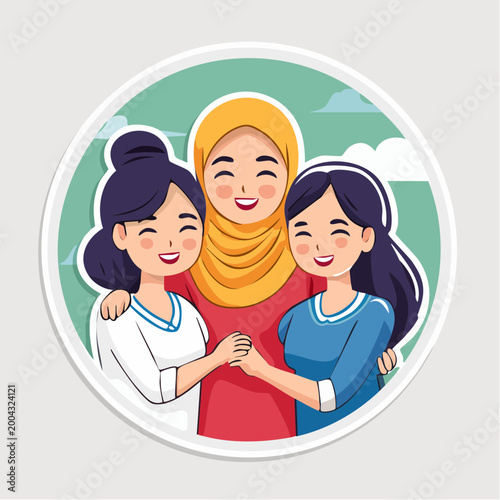 Three diverse women friends hugging and smiling