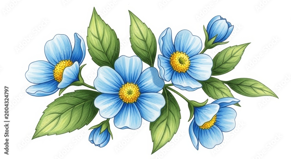 Fototapeta premium Delicate blue petals with golden centers and lush green leaves in floral arrangement flowers