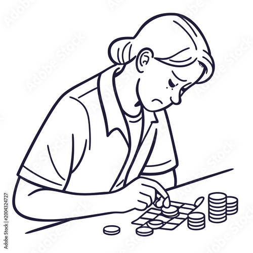 A woman sitting at a table counting stacks of coins on a grid
