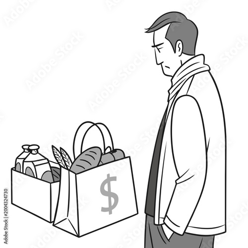A man looking at a grocery bag with a dollar sign on it, symbolizing the cost of living and financial struggles