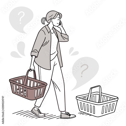 A woman is standing with a shopping basket in her hand and another one next to her looking puzzled with question marks around her