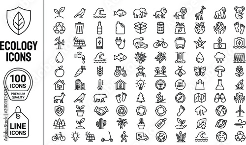Ecology icons set including nature conservation and sustainability symbols in minimalist monoline style