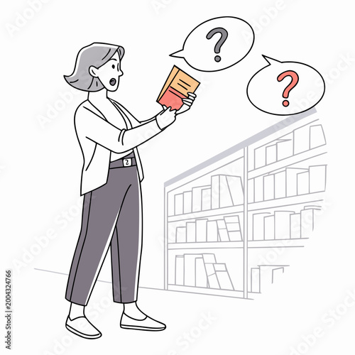 A cartoon woman stands in a library holding a book with question marks floating above her head as she appears puzzled or confused while browsing through books on shelves