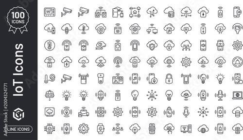 Iot icons set with 100 monoline style symbols for technology and internet of things concepts