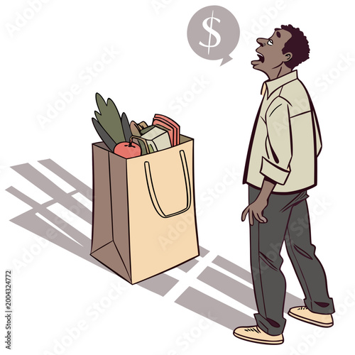 Man looking at grocery shopping bag with rising costs and dollar sign