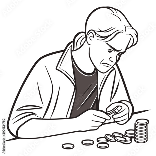 A man sitting at a table counting a pile of coins with a concerned expression on his face