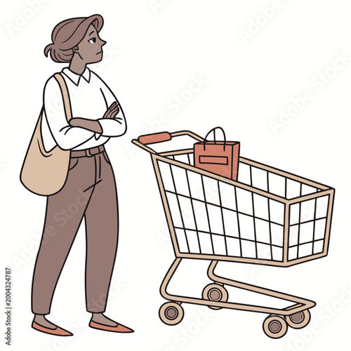 A cartoon woman standing next to a shopping cart with a bag in it looking thoughtful