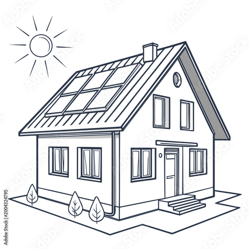 A house with solar panels on the roof and sun in the background