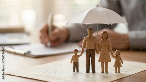 Life insurance concept showing family protection with wooden figures under umbrella on financial documents. Represents coverage, beneficiaries, income security, financial planning.