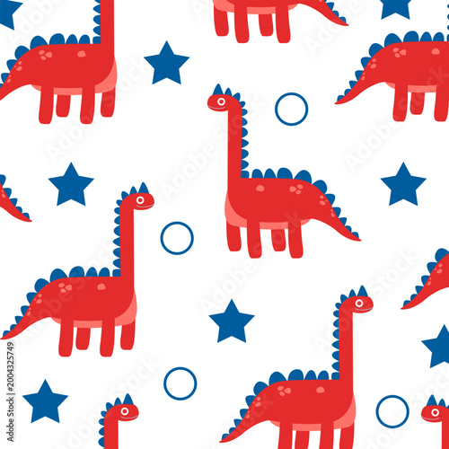 dinosaur brontosaurus seamless pattern cartoon design red and blue for kids apparel