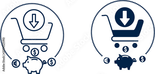 Shopping cart and piggy bank icon. Financial saving concept and retail discount outline vector style
