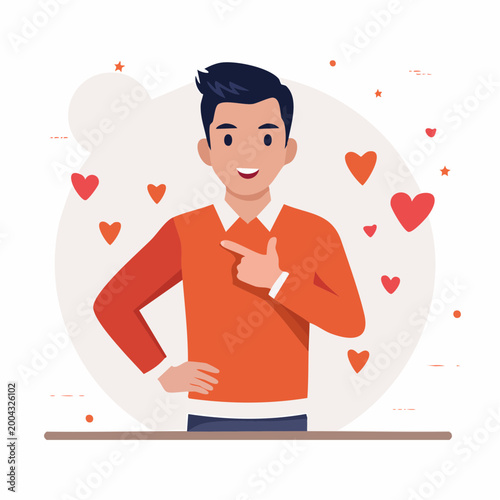 Man pointing to himself with hearts around him