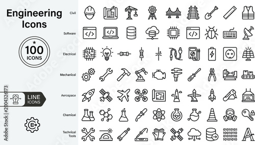Collection of 100 minimalist monoline engineering icons for design and technology projects