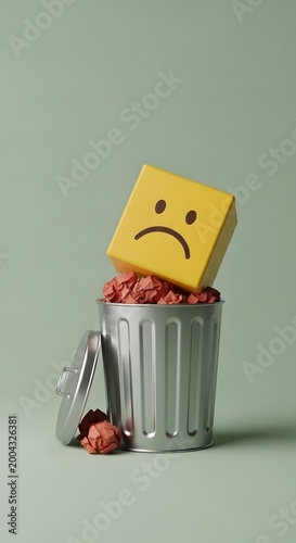 Remove negative thoughts and master anger management. A wooden cube with an angry face icon is thrown into a dustbin, symbolizing the disposal of toxic emotions and a fresh mental start.