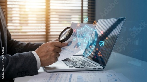 AI-powered automated debugging or troubleshooting. Artificial intelligence diagnostics and detection. System engineer using laptop to instruct AI monitoring. Engineer instruct AI for maintenance.
