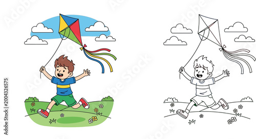 Happy Cartoon Boy Running and Flying a Colorful Kite in a Grassy Field