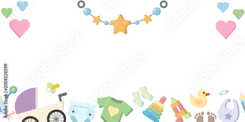 Baby shower border frame with cute newborn elements horizontal banner vector. Perfect for invitations, greeting cards, banners and nursery design.