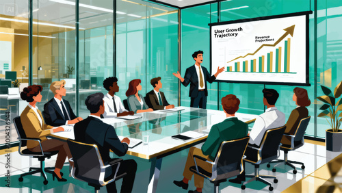 Dynamic entrepreneur team illustration, diverse startup founders pitching innovative idea in glass office boardroom, presentation screen with growth graphs, investors listening