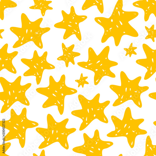 Pattern of textured grunge abstract icons of yellow stars isolated on a light background. Hand-drawn pencil crayons, various star shapes. Naive; cute doodle style. Children's modern design 
