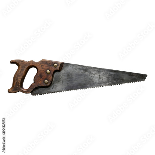 Vintage handsaw, old wood saw, rusty metal, wooden handle, antique tool