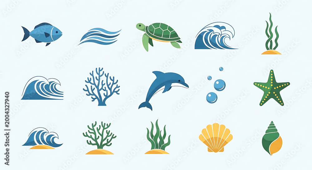 Obraz premium Ocean icons, sea symbols, marine life graphics, 16 aquatic elements