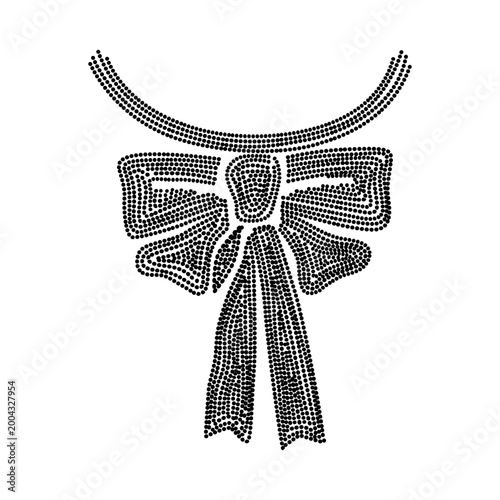 Black and white dotted vector illustration of a bow ribbon necklace. Designed in a Y2K rhinestone style, perfect for streetwear apparel, fashion graphics, and retro chic designs. Isolated on white.