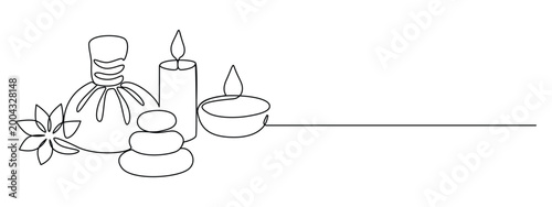 One continuous line drawing of wellness and spa treatment. Candle stones and lotus flower for zen and balance concept in simple linear style for relaxation therapy concepts. Contour illustration