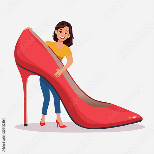 Woman Holding Giant Red High Heel Shoe