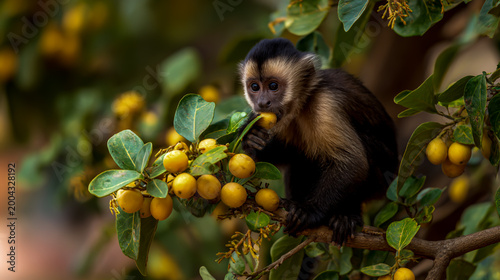 capuchin monkey eating ripe fruit in rainforest tree