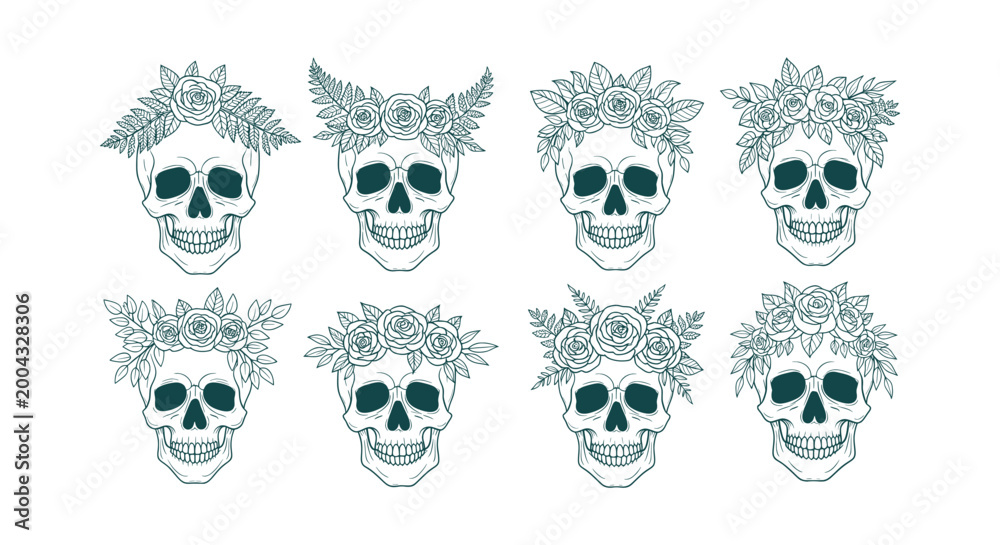 Fototapeta premium Set of Hand Drawn Skulls with Floral Wreaths and Roses Line Art for Gothic and Bohemian Design Art