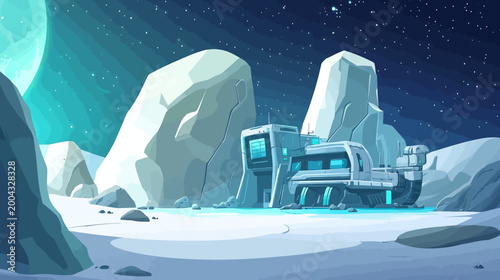 Pixelated illustration of a futuristic base on an icy alien world under a starry night sky