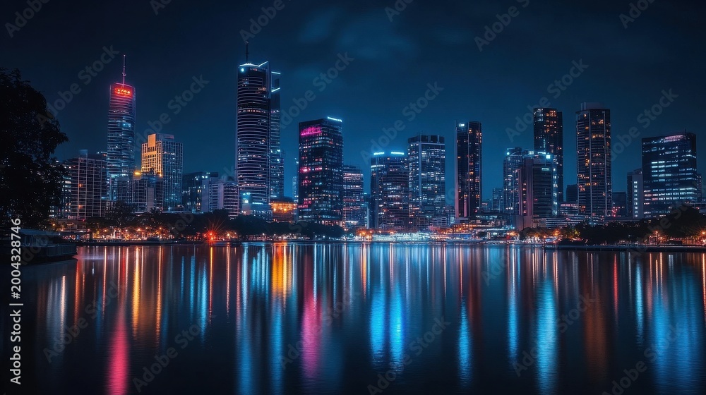 Fototapeta premium city skyline at night with colorful reflections on river