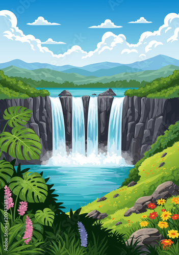 Vibrant tropical waterfall vector illustration showcasing lush greenery, exotic flowers, and a stunning cascade in a serene natural landscape