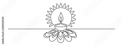 Happy Diwali greeting with traditional diya lamp and lotus flower. Festival design featuring hand drawn oil candle, decorative elements, and festive Indian patterns. Contour Vector illustration