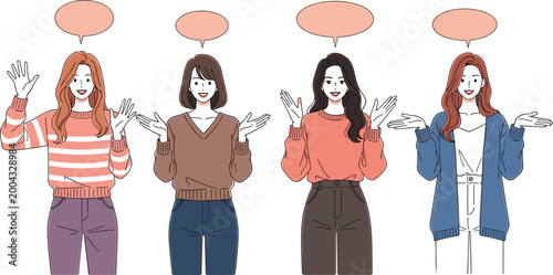 Young Women Talking and Gesturing with Speech Bubbles Set in Casual Clothing for Vector Illustration and Social Communication Design