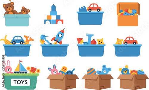 Children's Toy Boxes and Playroom Organizer Icons Set with Cars, Rockets, Blocks, Teddy Bears, and Stuffed Animals for Vector Design