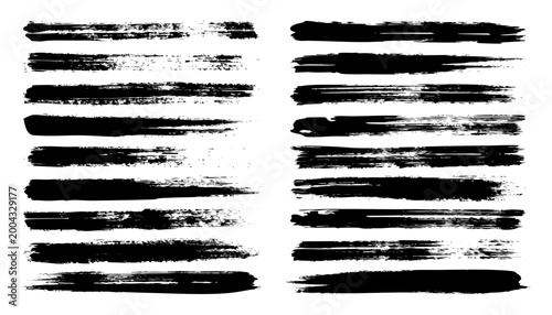 Long grunge brush strokes, lines, ink smudges, hand-drawn scribble shapes. Handmade sketchy marks, stains, charcoal streaks. Paint textures, dry brush effect. Marker underline. Vector illustration