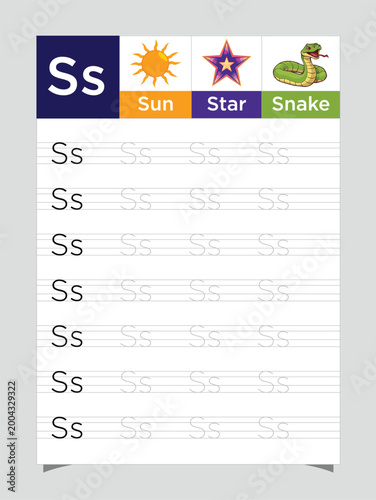 Letter S worksheet for kids, tracing uppercase lowercase, S for Sun printable preschool handwriting practice sheet