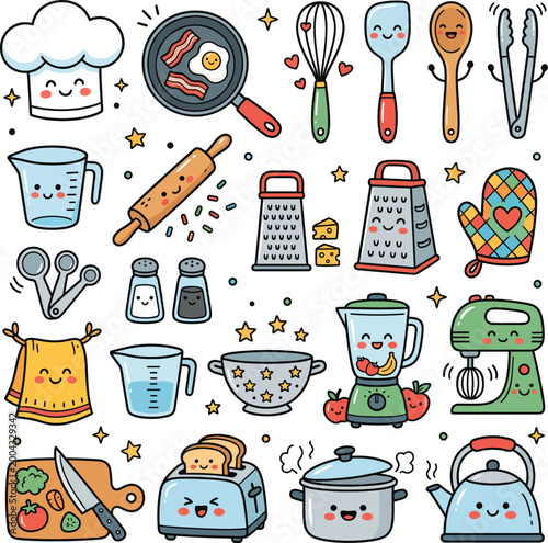 cute cartoon kitchen tools doodle vector set design illustration