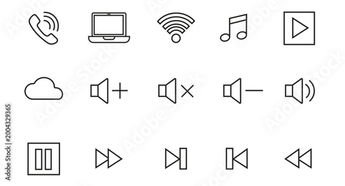 Collection of minimal black line ui icons for media communication technology and sound control use.