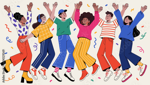Six people jump in a row with their arms raised, wearing colorful, patterned casual outfits in red, blue, yellow, and green. Confetti and streamers fill the scene, giving a vibrant, celebratory sense 