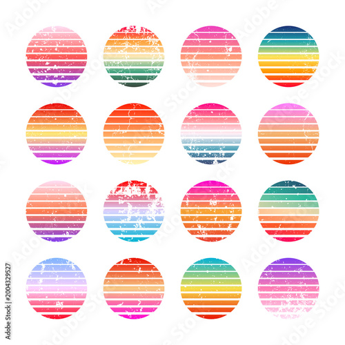 Grunge vintage colorful sunset. Striped gradient sunrise badges in 80s and 90s style. Sun and ocean view, summer vibes, surfing. Design element for print, logo or t-shirt. Vector illustration