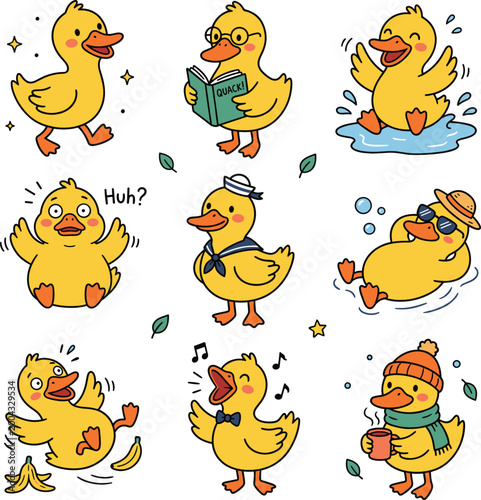 cute cartoon duck doodle vector set design illustration