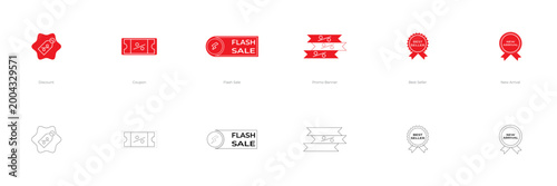 eCommerce  business icons in line and fill style. editable vector illustration for Discount, Coupon, Flash Sale, Promo Banner, Best Seller, New Arrival. on transparent background 