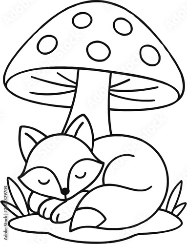A serene cartoon fox sleeping peacefully under a large mushroom with a simple line art style on a clean white background.