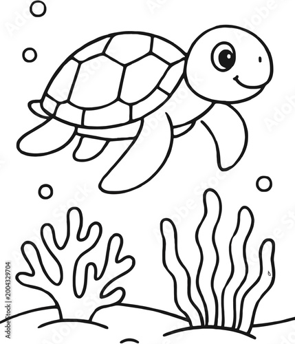 A simple line drawing of a smiling turtle swimming above coral and seaweed in a minimalist underwater scene with a clean white background.